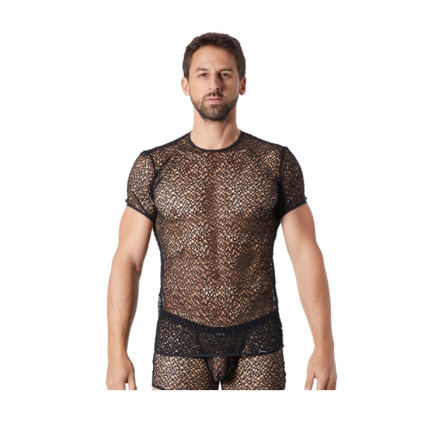T-shirt noir sexy filet irrégulier fétichiste 